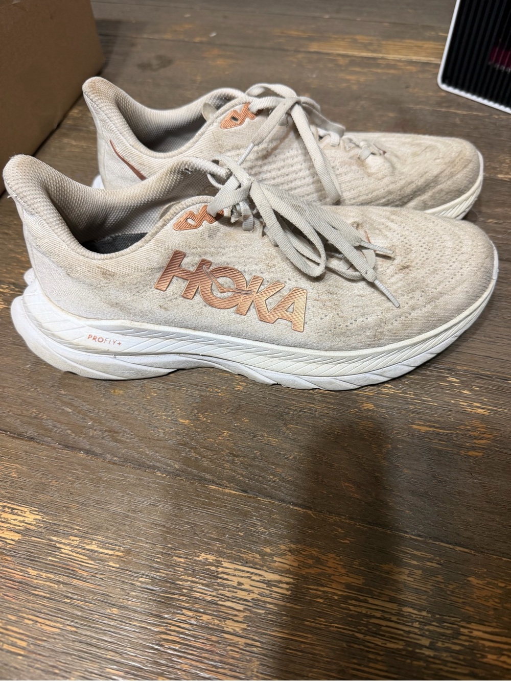 Hoka One One Women's Cream Running Shoes with Rose Logo